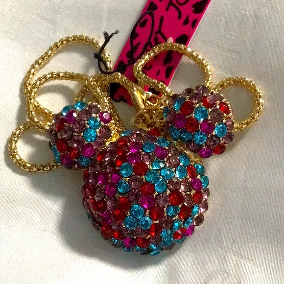Betsey Johnson. Gold Tone Colorful Rhinestones Mickey Brooch/Necklace - Picture 2 of 10